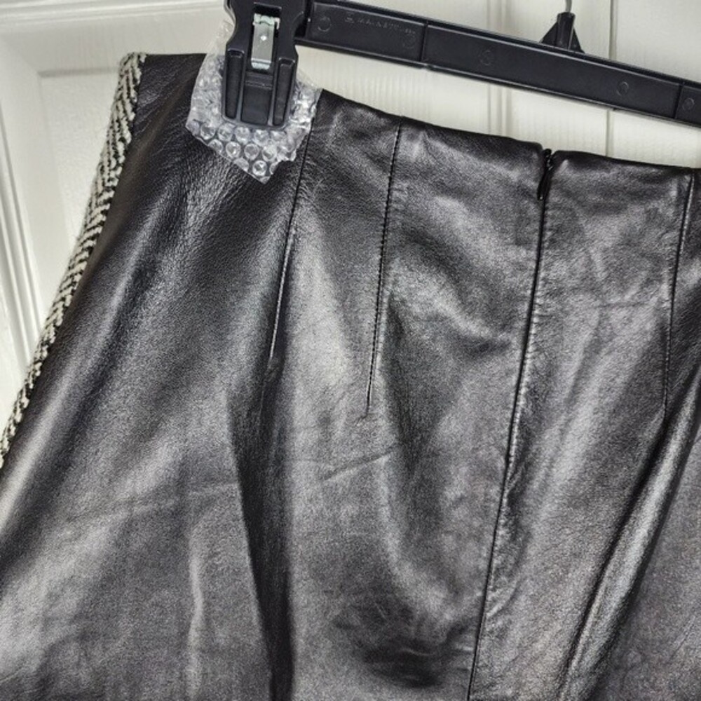 Vintage Laundry Shelli Segal Leather Wool Skirt 6 Herringbone Mixed Media 90s - Picture 14 of 15